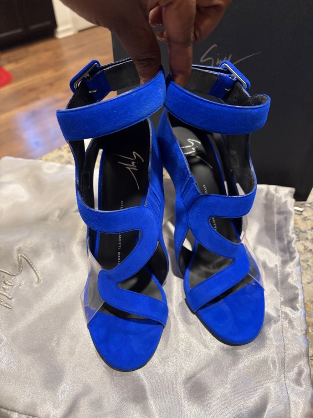 Giuseppe Zanotti Cobalt Blue Suede Sculptural Cutout Stiletto Sandals - Picture 3 of 6